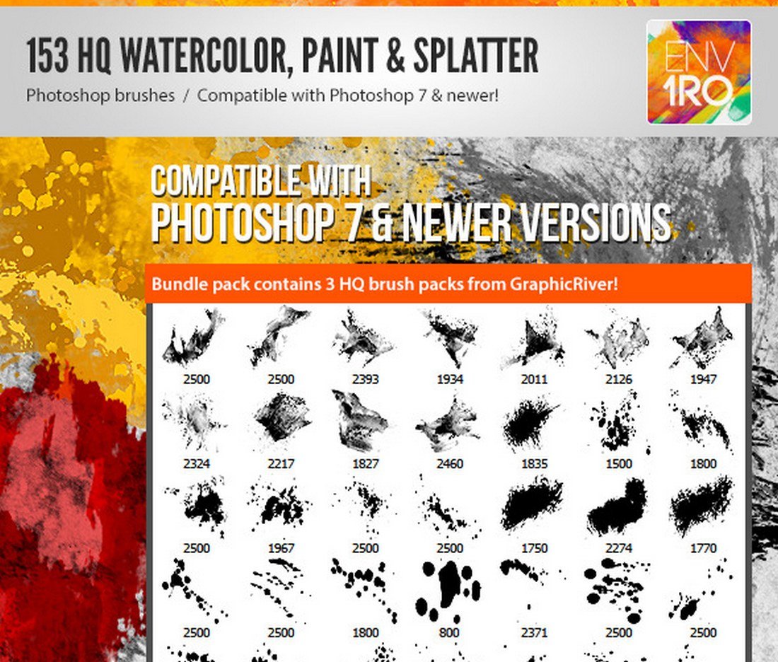 153 Watercolor Paint & Splatter Photoshop Brushes