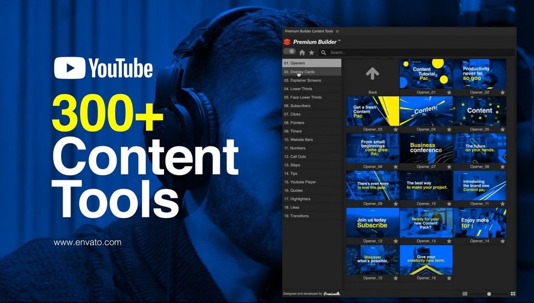 Mais de 300 ferramentas de conteúdo do YouTube para Premiere Pro