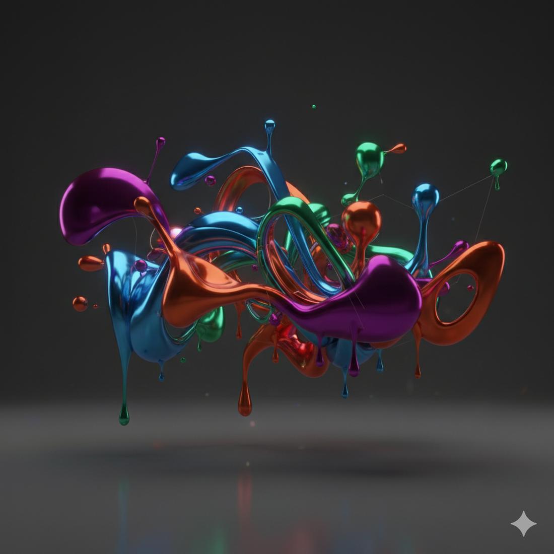 Abstract 3D composition of colorful liquid metal shapes floating in midair, high detail, studio lighting