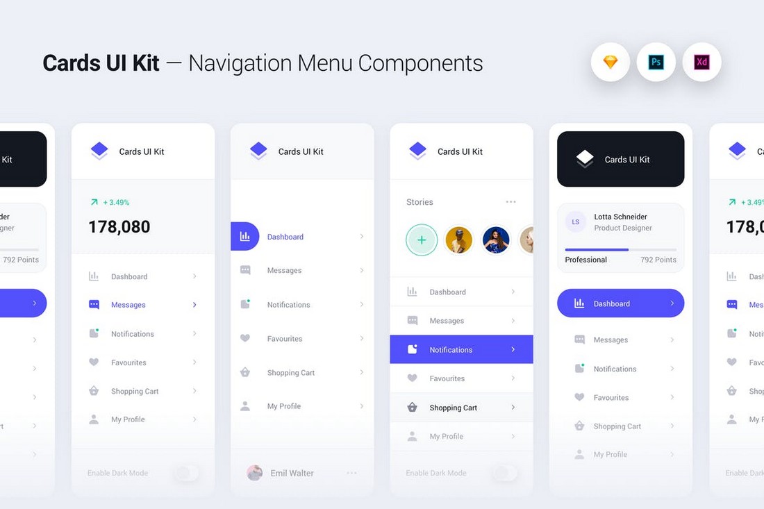 Cards-UI-Kit-Navigation-Menu-Components 30+ Best Adobe XD UI Kits + Templates 2020 design tips 