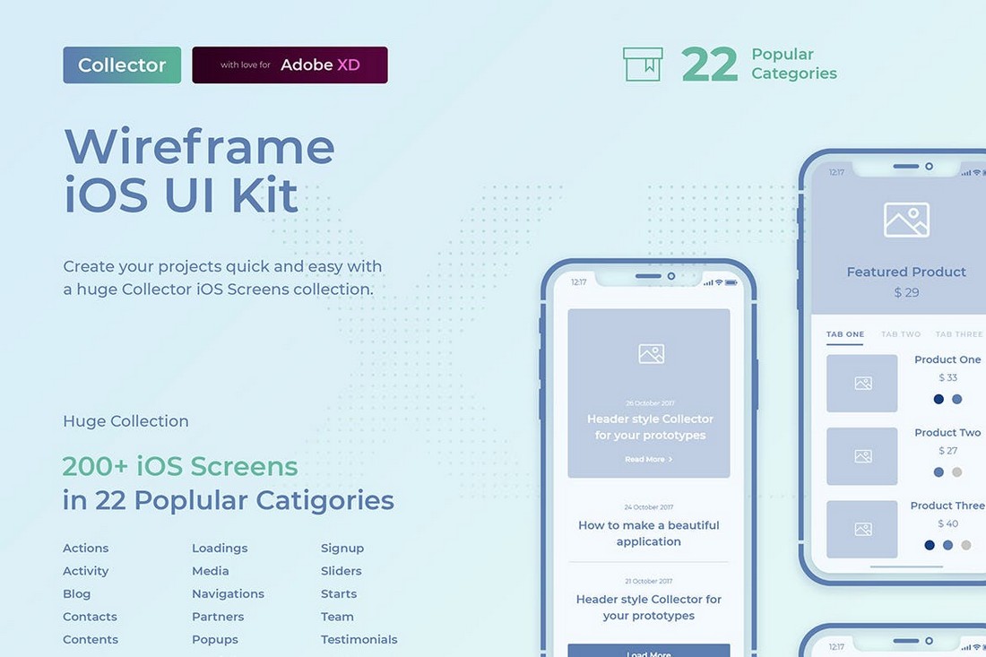 مجموعه‌دار iOS Wireframe UI Kit برای Adobe XD