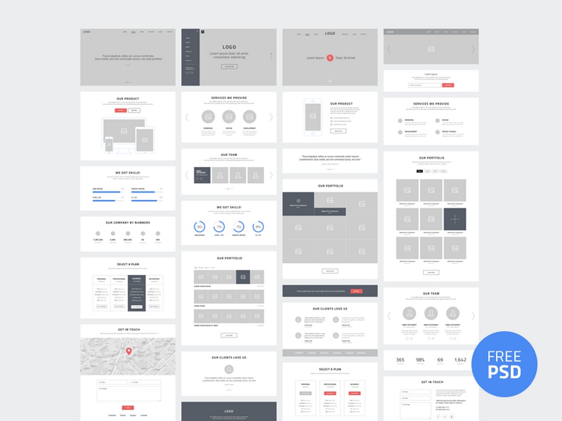 Free One Page Website Wireframes PSD