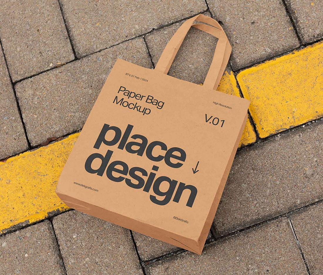 Free Paper Bag on Brick Patio Mockup