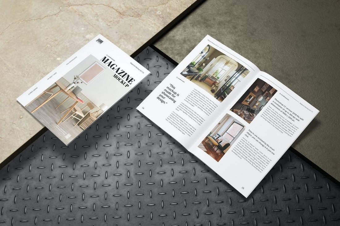 Magazine Mockup With Workspace Scene