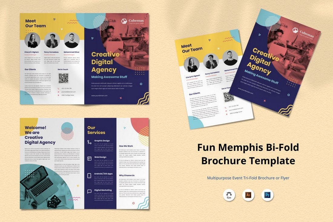 Memphis-Creative-Bifold-Brochure-Design 20+ Professional Brochure Templates & Designs design tips Inspiration 