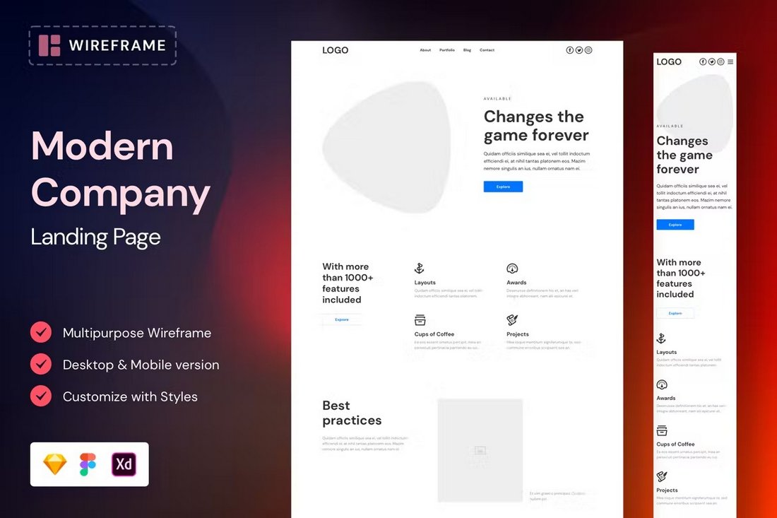 قالب وب سایت شرکت مدرن Adobe XD Wireframe