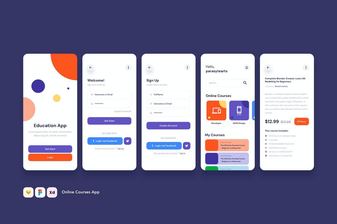 Online Courses App UI Adobe XD Templates