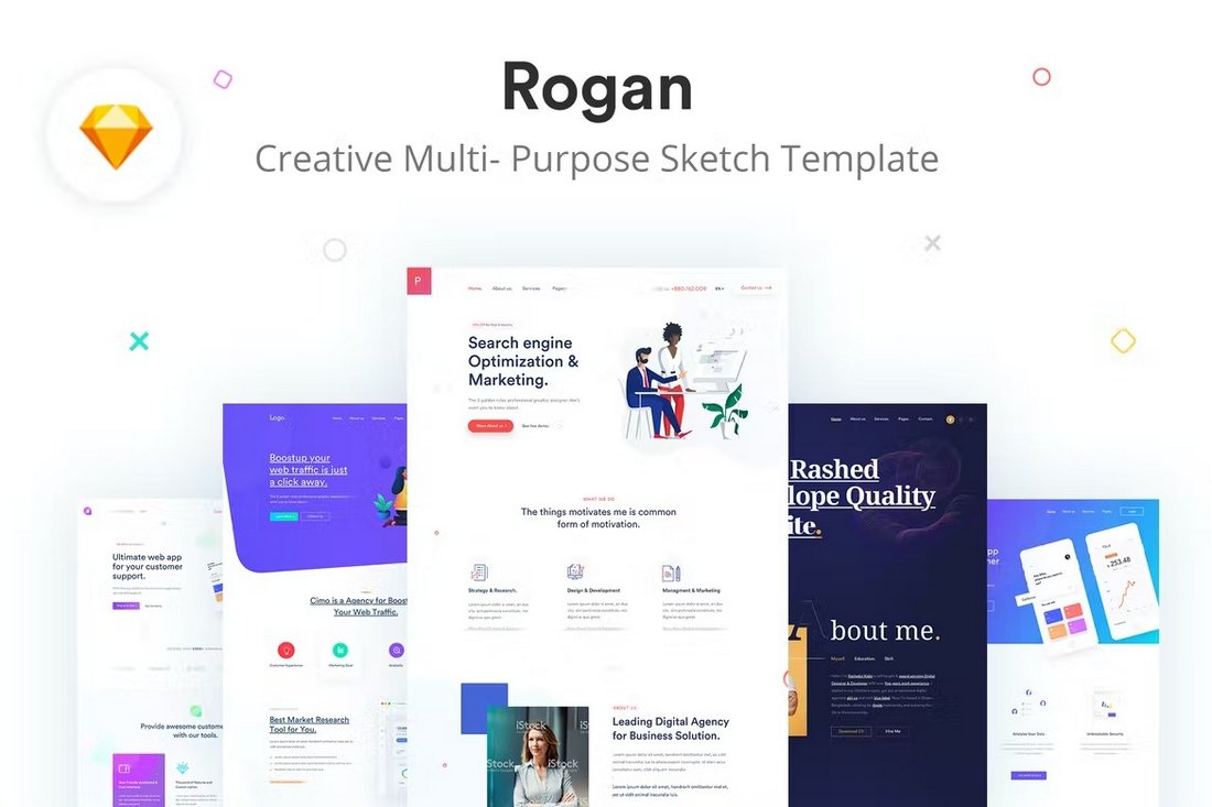 Rogan-Multipurpose-Sketch-Landing-Page-Templates 25+ Best Sketch App Resources (UI Kits, Templates, & More) design tips 