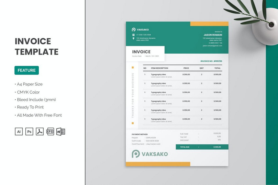 Vakasko-Commercial-Invoice-Template-for-Word 20+ Best Invoice Templates for Word (Free & Pro) 2022 design tips 