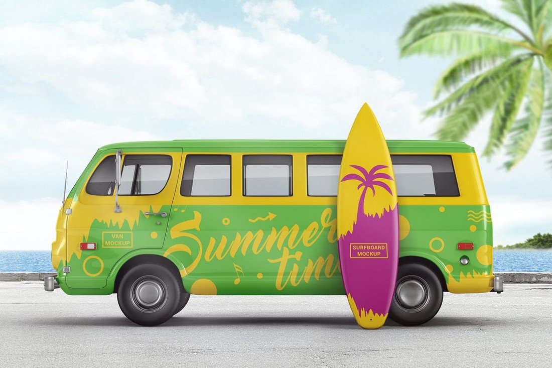 Van-With-Surfboard-Branding-Mockup 20+ Car & Van Decal and Wrap Mockup Templates design tips 