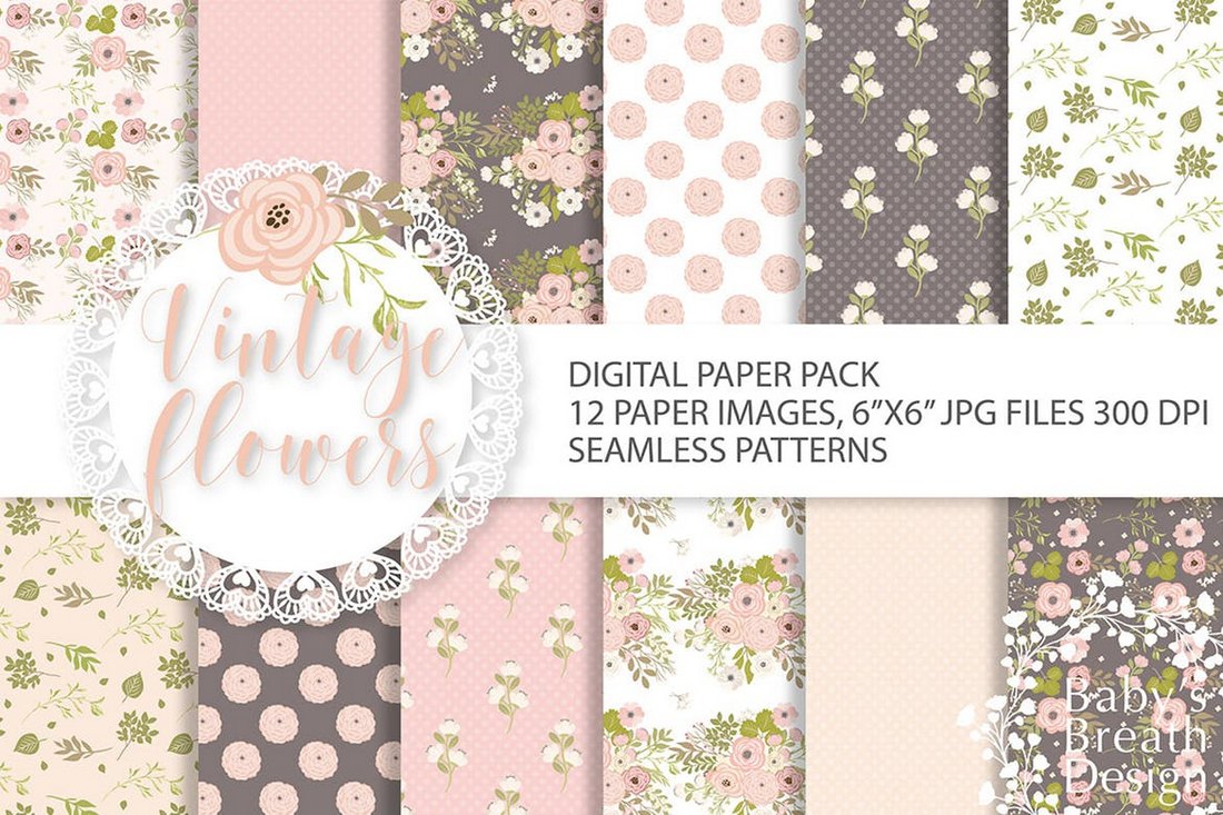 Vintage Flower Digital Paper Background Pack