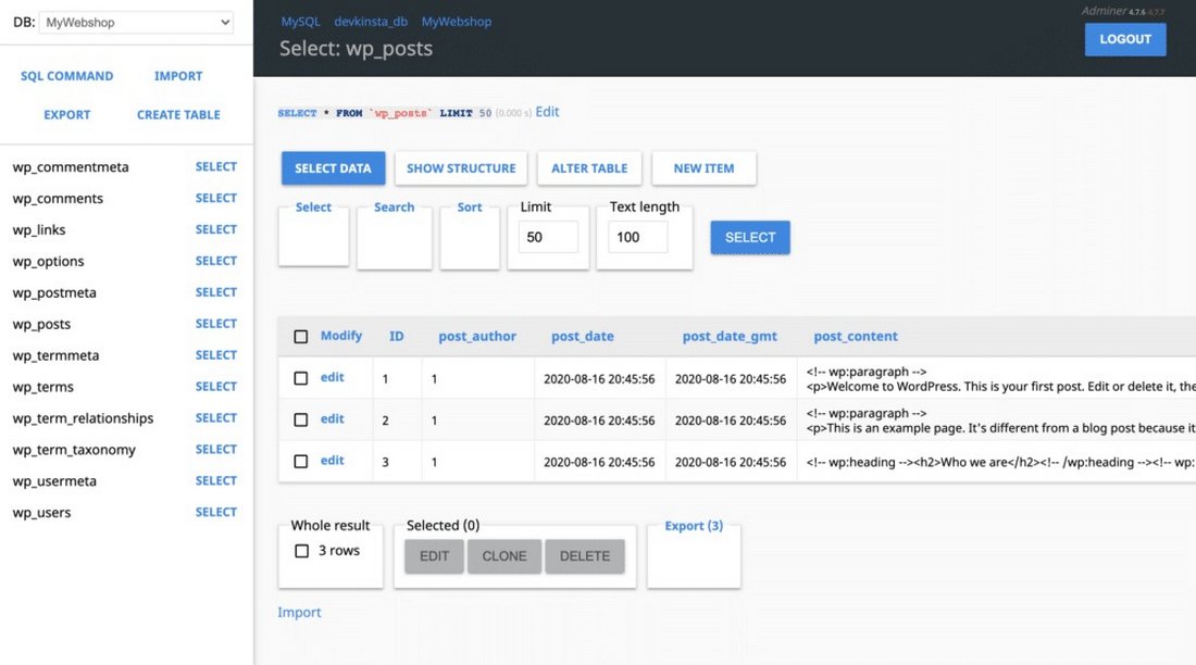 devkinsta database manager