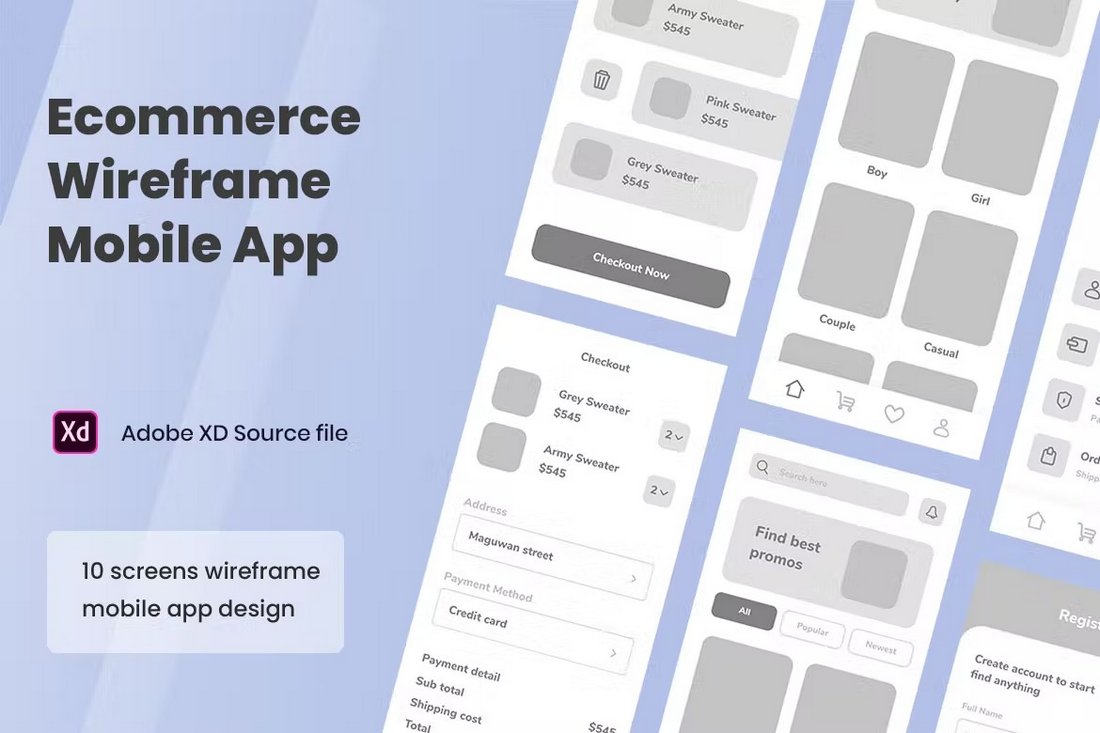 کیت Wireframing اپلیکیشن موبایل تجارت الکترونیک برای Adobe XD