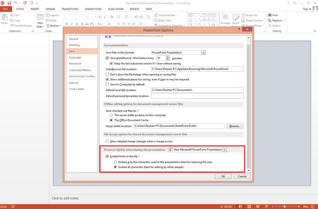 embed fonts in powerpoint 2013