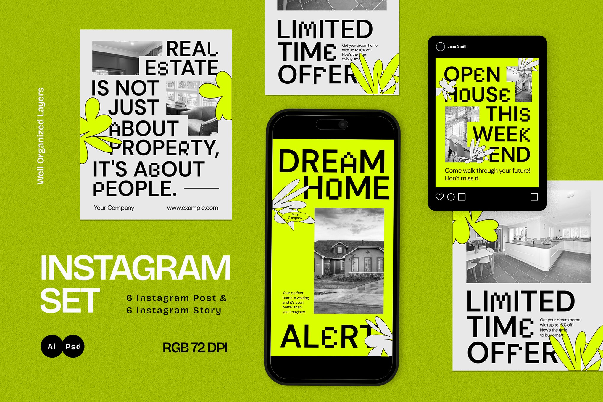 Lime Green Real Estate Instagram Template Kit