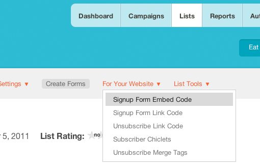 MailChimp Screenshot for Lists Signup