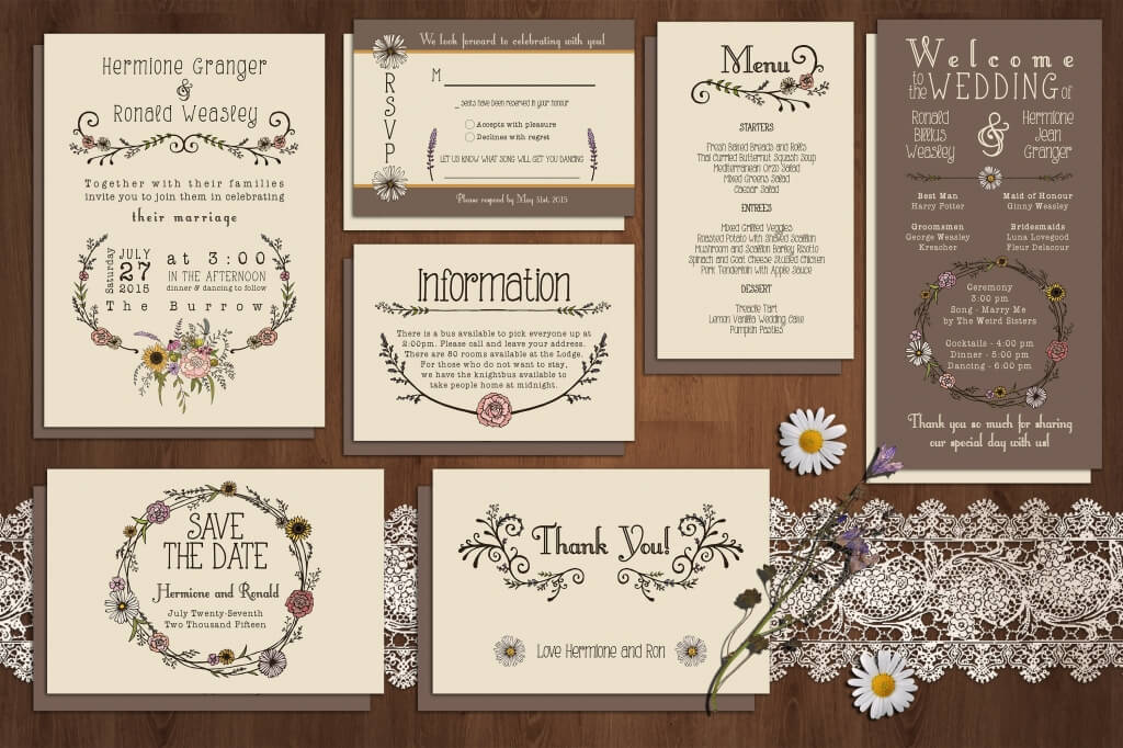 Wildflower Wedding Invitation Invitation Template Set of 3 