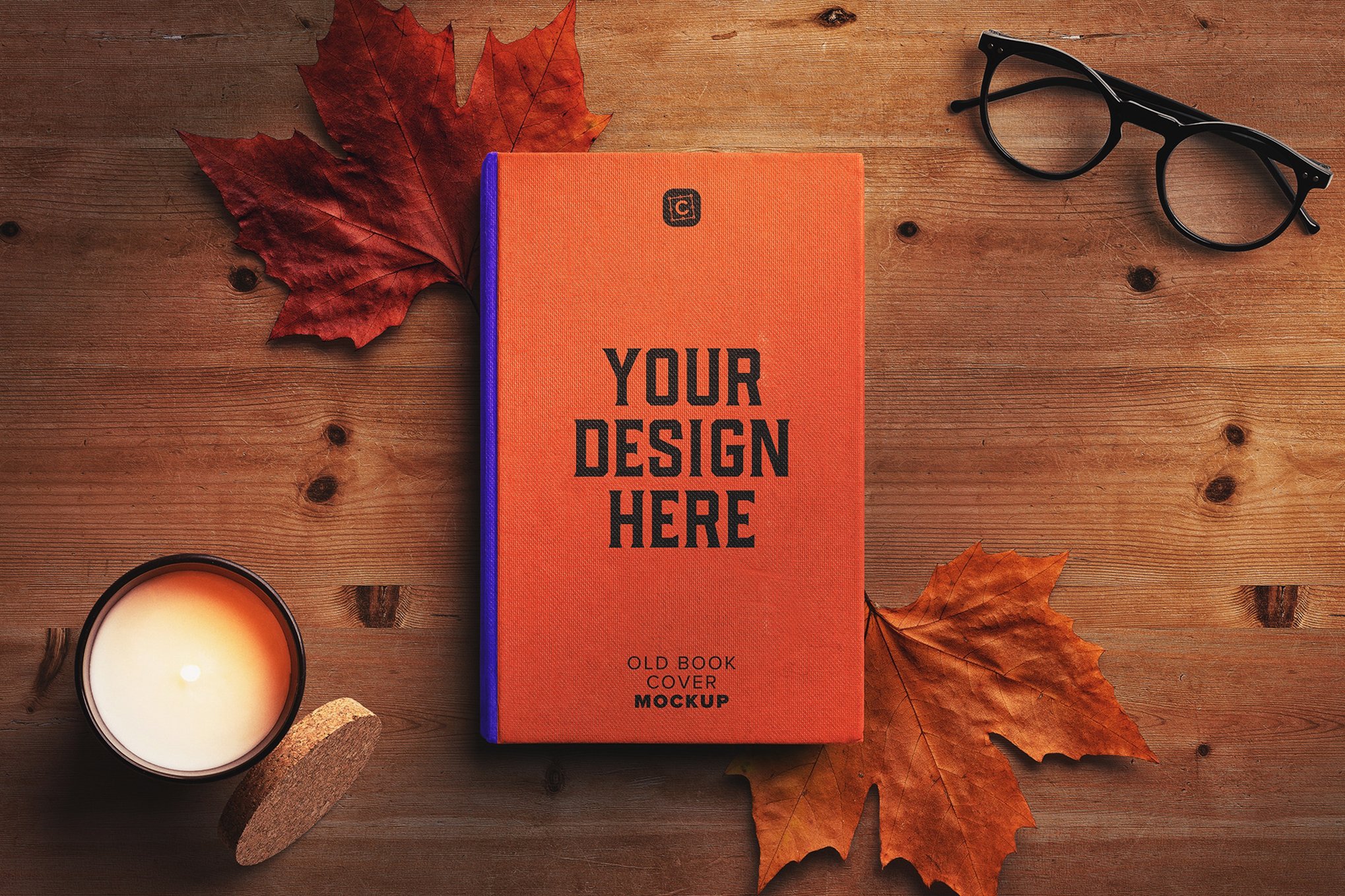 Old Book Cover Mockup with Autumn Leaves