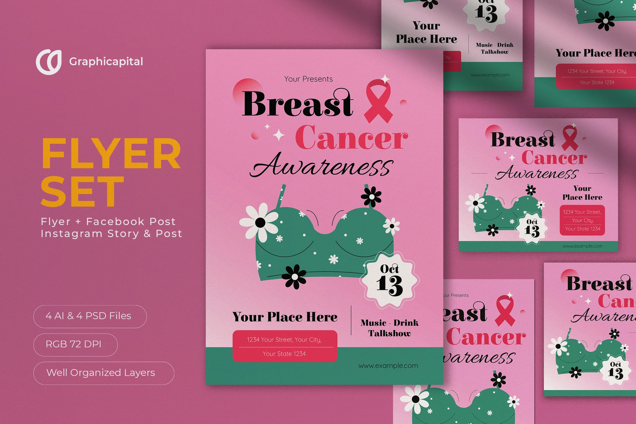 Pink Breast Cancer Awareness Flyer Set