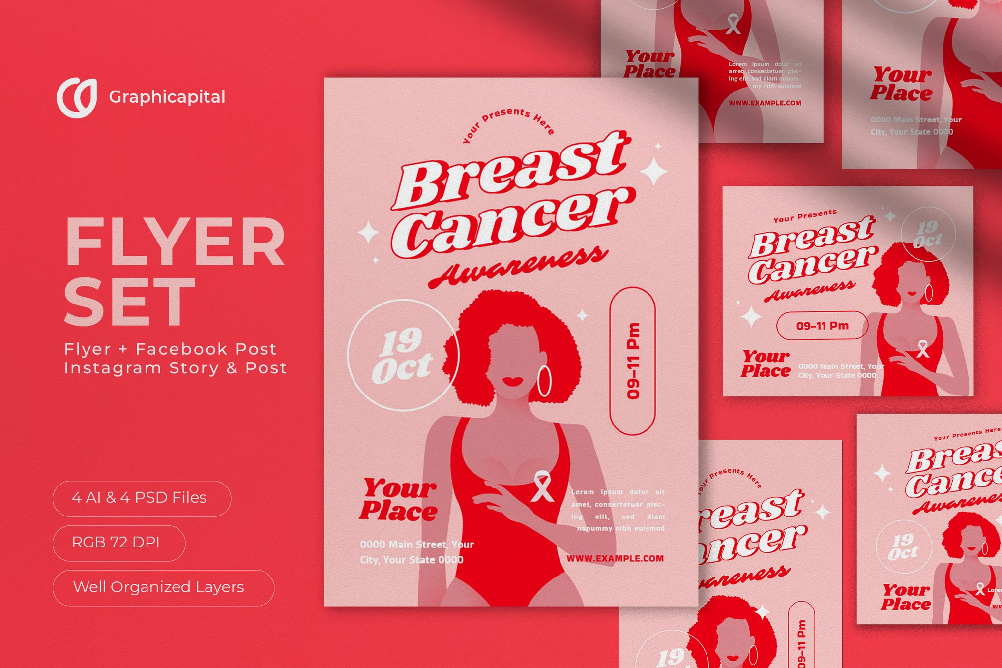 Pink Retro Breast Cancer Awareness Flyer Set