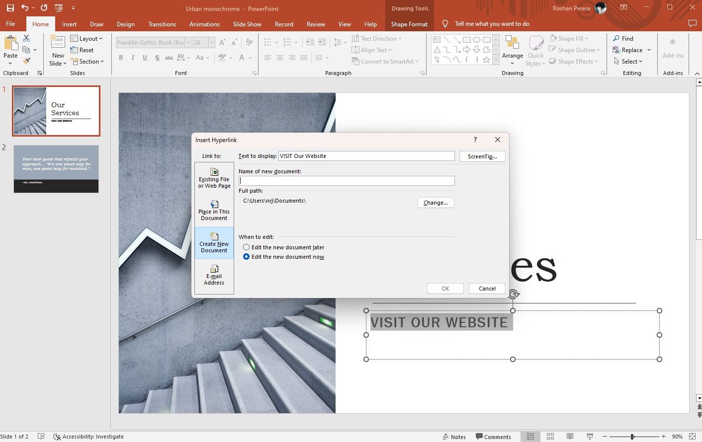 powerpoint hyperlink new doc