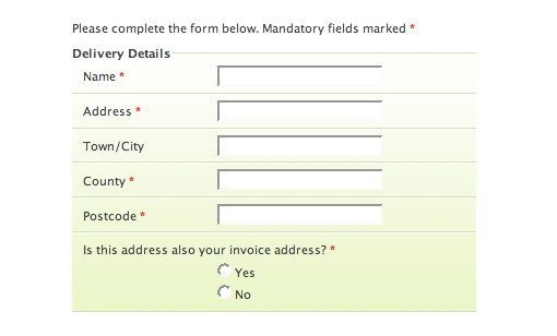 Fields marked. Html form example.