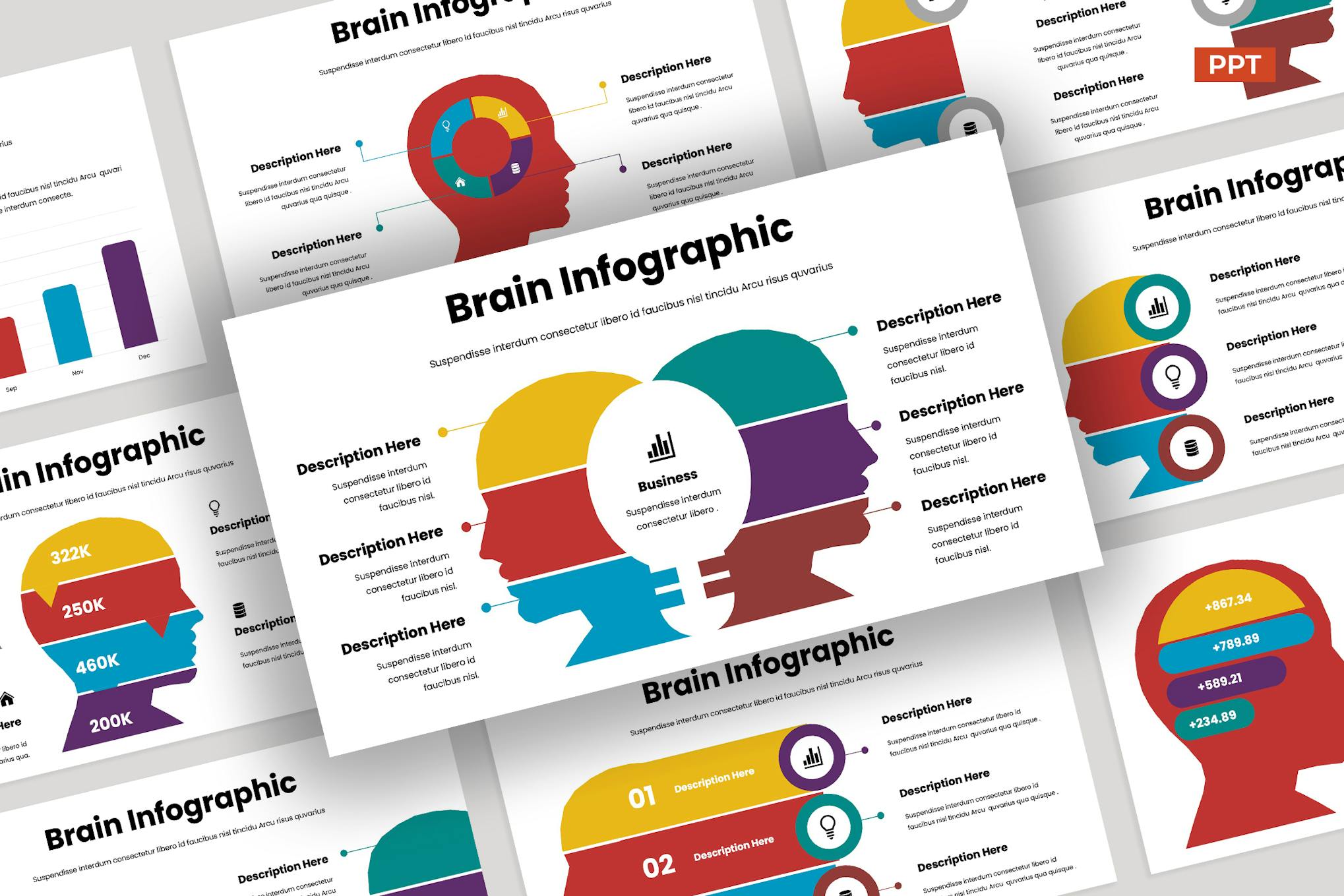 Red Gold Brain Infographic Template PPT