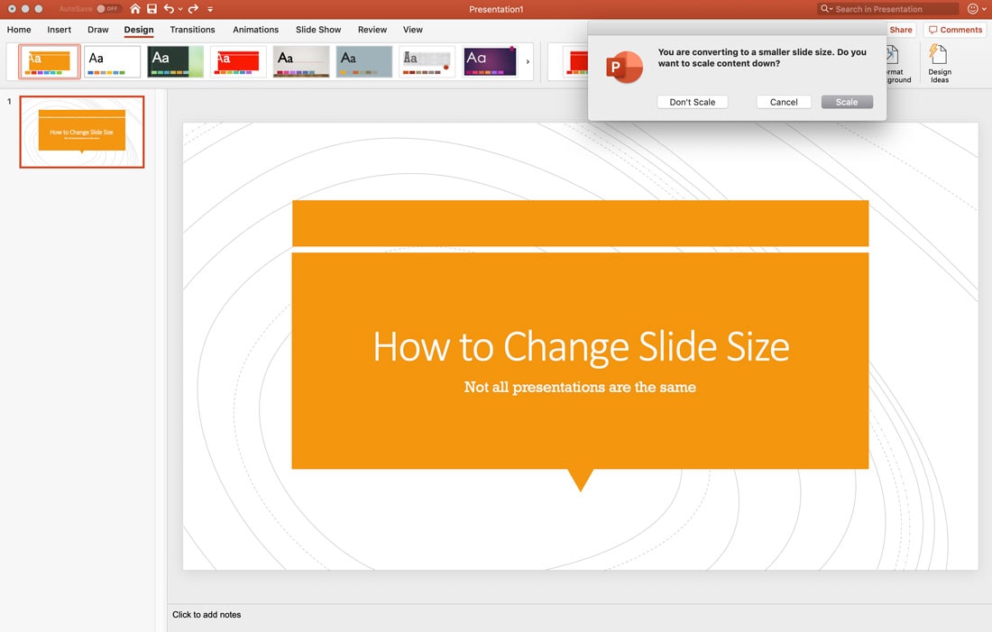 power point presentation size